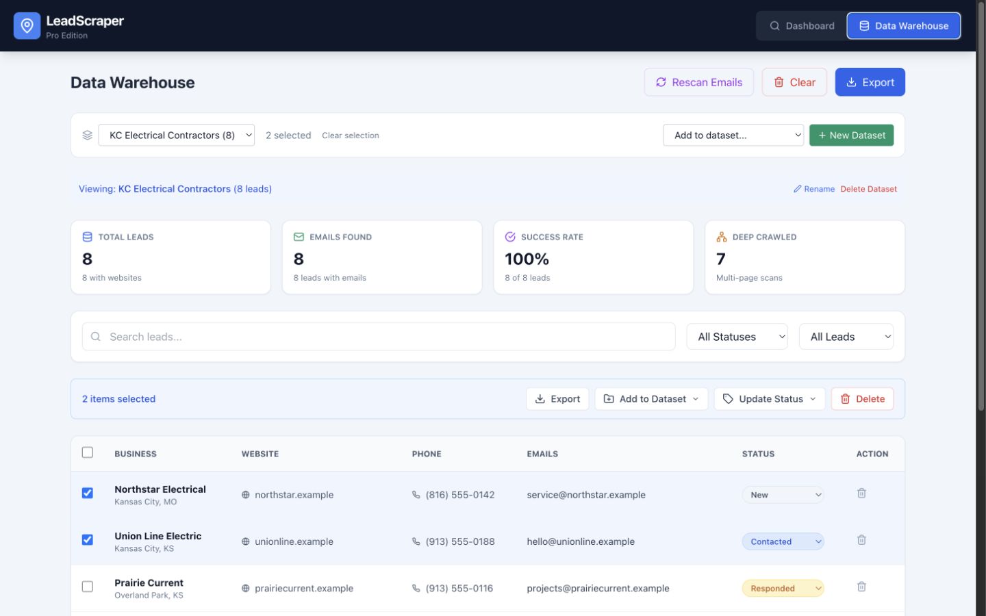 LeadScraper Data Warehouse with business contacts, datasets, filters, statuses, and bulk actions