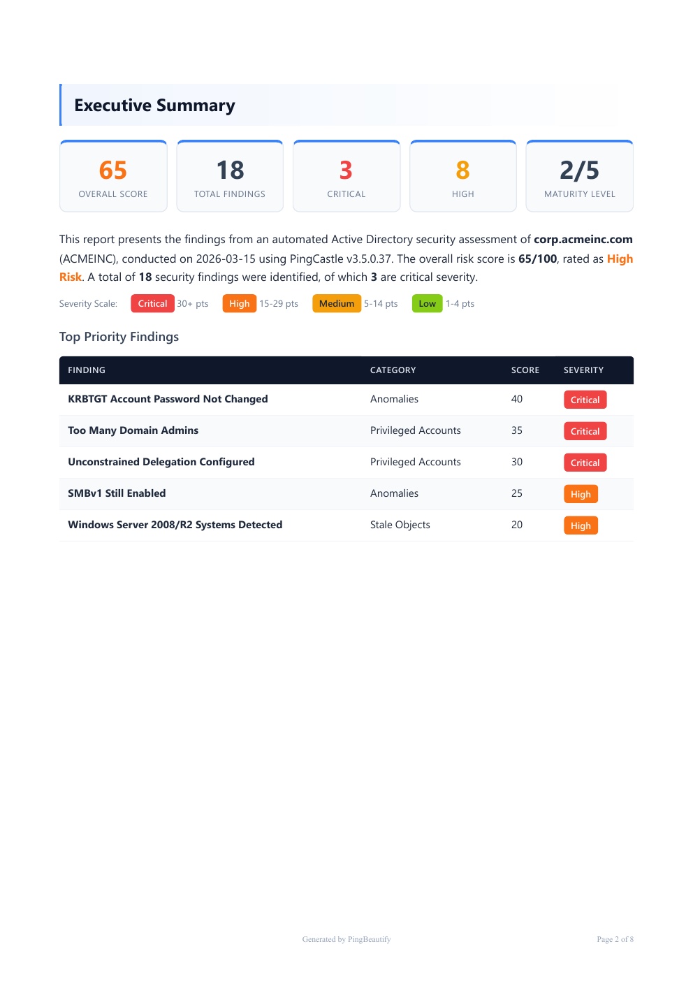 Executive summary page from the PingBeautify security assessment report