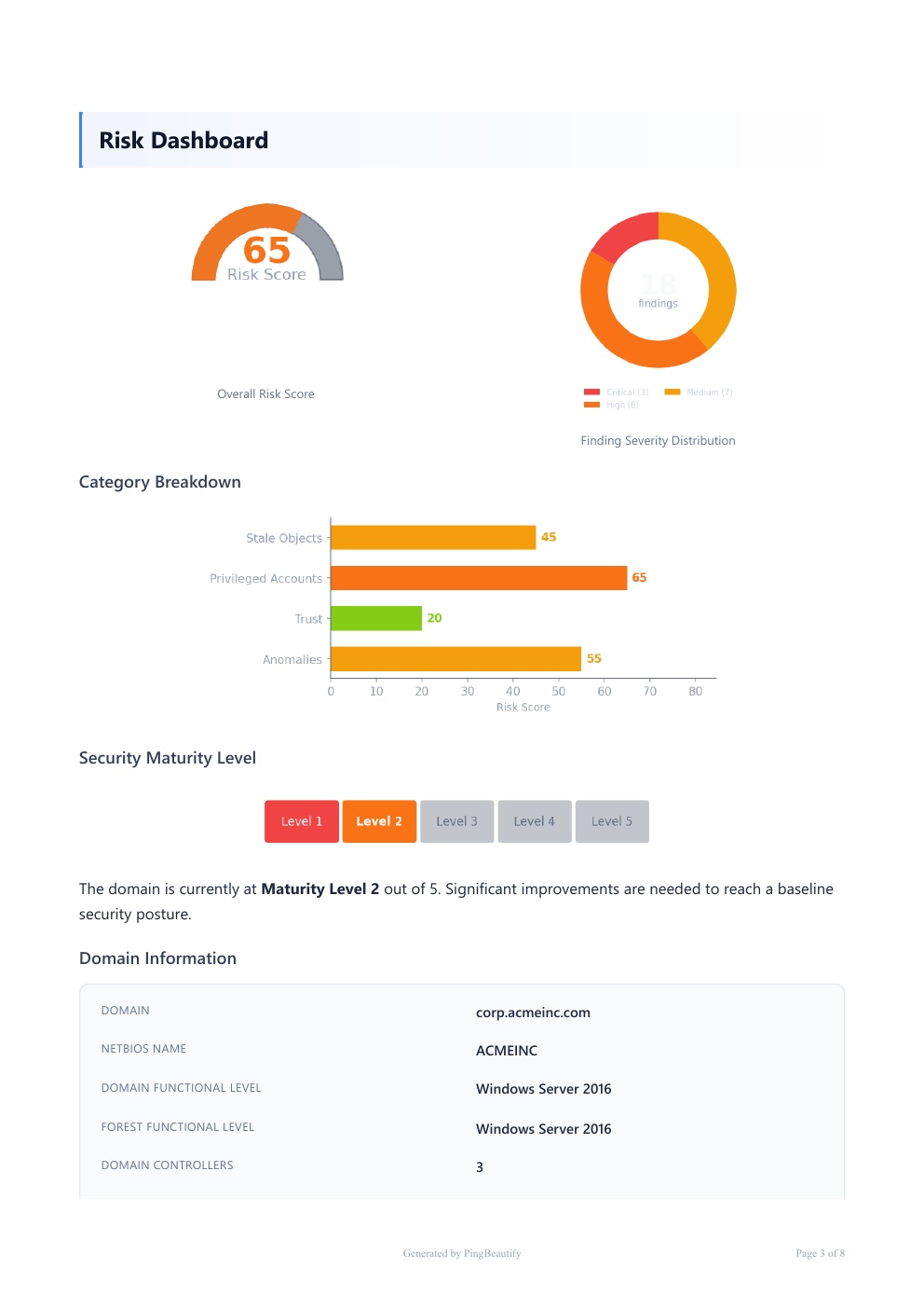 Risk dashboard page from the PingBeautify security assessment report