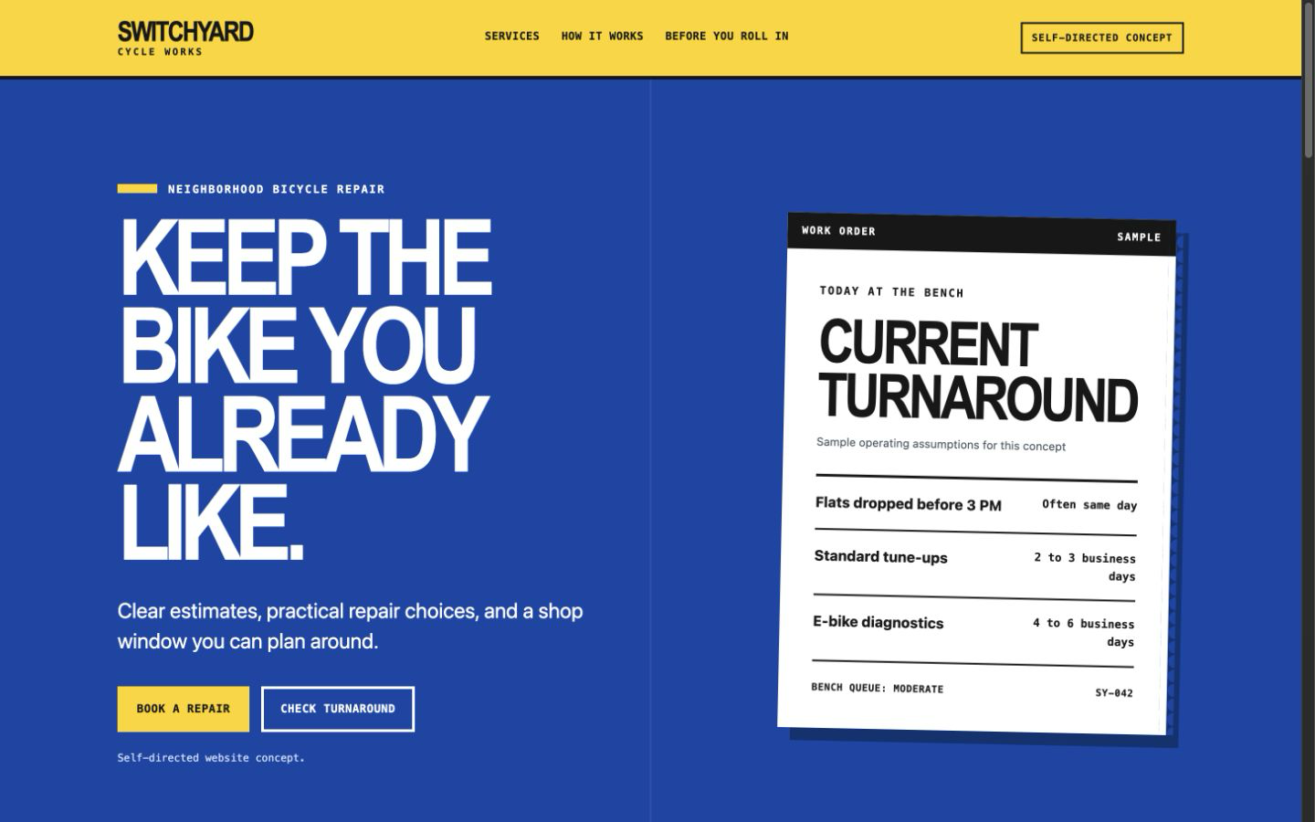 Desktop view of the Switchyard Cycle Works self-directed website concept