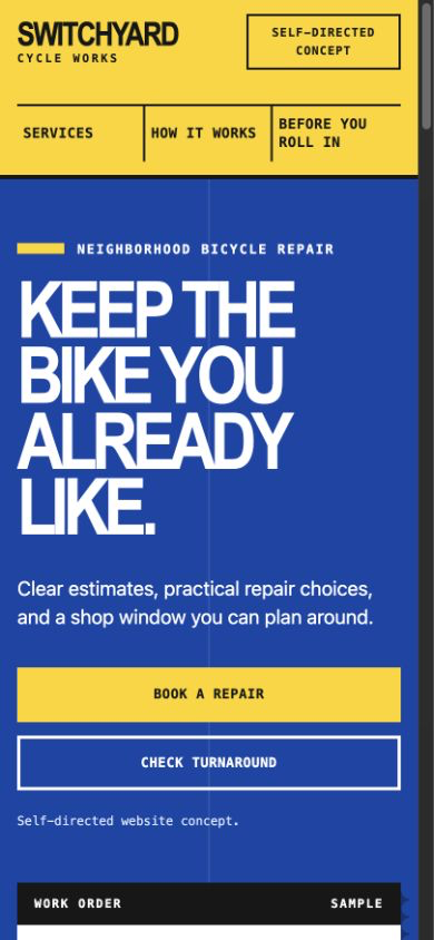 Mobile view of the Switchyard Cycle Works self-directed website concept
